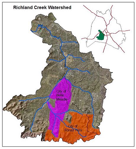 Richland Creek, Nashville, Tennessee Watershed showing cities Belle Meade and Forest Hills