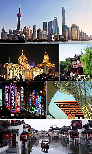 Clockwise from top: Lujiazui skyline with the Huangpu River, Yu Garden, China pavilion at Expo 2010 (now China Art Museum), Qibao, Nanjing Road, and The Bund