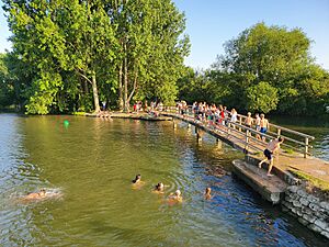 Swimmers in the River Thames at Port Meadow, Oxford, UK