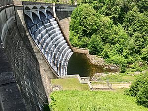 The Nepaug Dam allows water to flow into the Nepaug Reservoir
