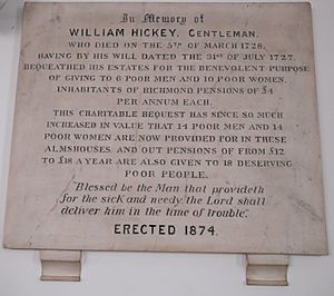 William Hickey memorial in Chapel of St Francis at Hickey's Almshouses