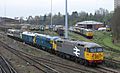 A convoy of locomotives from a Nene Valley Railway diesel gala arrive at UK Rail Leasing, Leicester, April 2016
