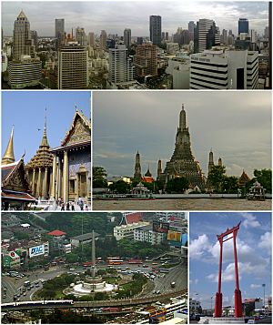 Clockwise from top: Si Lom – Sathon business district, Wat Arun, Giant Swing, Victory Monument, and Wat Phra Kaew