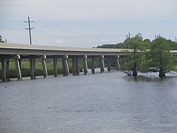 Concrete bridge carries traffic on Louisiana State Highway 9 over Black Lake near Creston.