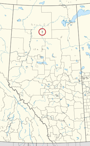 A map of the province of Alberta showing 80 counties and 145 small Indian reserves. One is highlighted with a red circle.