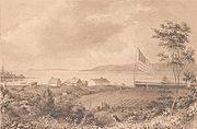 An image of Astoria in 1841 looking towards the mouth of the Columbia River.