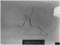 FWA-PBA-Paintings and Sculptures for Public Buildings-bas relief of classical woman archer with words over land and... - NARA - 195800