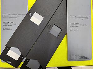 Grey Scales for assessing the grades of colorfastness, staining, and change in colors after exposure.