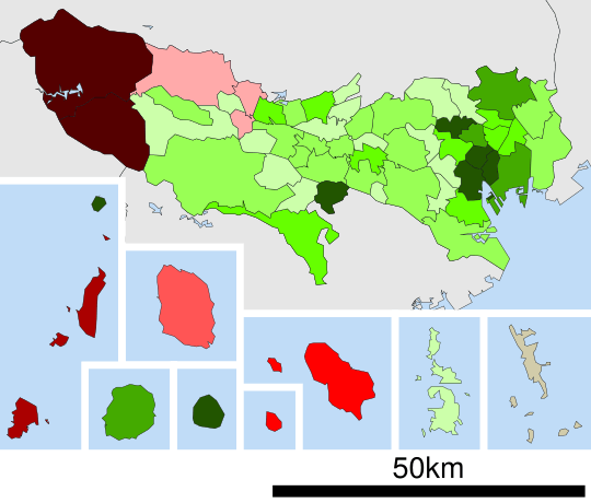 Growth rate map of municipalities of Tokyo Metropolis, Japan