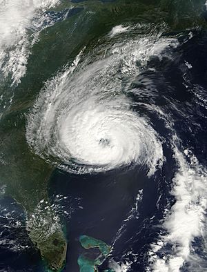 A satellite image of a well-organized hurricane featuring a circular area of clouds with a partially cleared eye in the middle.