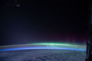 ISS-62 Earth's glow and Aurora australis with Starlink satellite constellation
