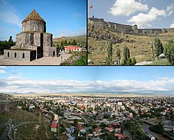 Clockwise from top left: The Cathedral of Kars; Castle of Kars, panoramic view of Kars.