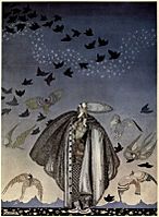 Kay Nielsen - East of the sun and west of the moon - the three princesses in the blue mountain - no sooner had he whistled than he heard a whizzing ad a whirring from all quarters
