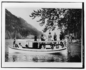 Lady of the Lake Ferry with passengers on Lake Crescent. Photograph taken prior to construction of the road along shoreline. - Olympic National Park Road System, Port Angeles, Clallam HAER WA-166-35
