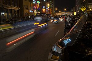Motorcyclists line South Meridian Street