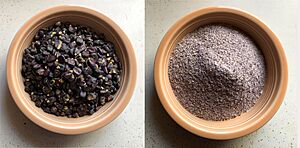 New Mexican blue corn for posole (L) and roasted and ground (R)