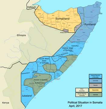 Location of  Puntland  (dark blue at right)in Somalia  (disputed regions in grey)