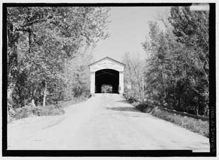 VIEW FROM SOUTHEAST. - Jackson Covered Bridge, Spanning Sugar Creek, CR 775N (Changed from Spanning Sugar Creek), Bloomingdale, Parke County, IN HAER IND,61-BLOMD.V,1-2