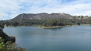 View of peaks and Hollywood Sign from Hollywood Reservoir