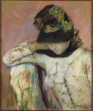 Young Woman in a Black and Green Bonnet, Looking Down