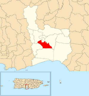 Location of Amuelas within the municipality of Juana Díaz shown in red