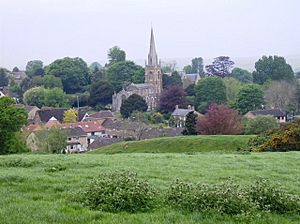 A church with spire surrounded by trees and houses.