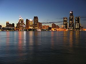 Downtown Detroit's skyline, as seen from Windsor, Ontario, Canada in June 2004.