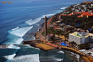 Aerial view of Meloneras showing beaches, hotels and the Maspalomas Lighthouse