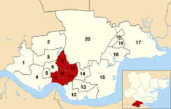 Grays in map of Thurrock UK with numbered wards