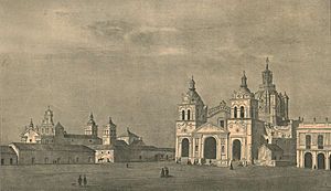 Litografía de la Catedral de Córdoba (Argentina) a mediados de los 1850