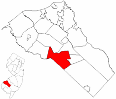Elk Township highlighted in Gloucester County. Inset map: Gloucester County highlighted in the State of New Jersey.