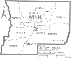 Map of Winn Parish Louisiana With Municipal and District Labels