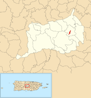 Location of Orocovis barrio-pueblo within the municipality of Orocovis shown in red