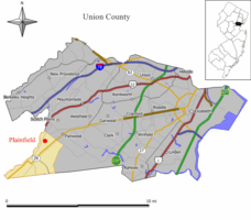 Map of Plainfield in Union County. Inset: Location of Union County highlighted in the State of New Jersey.