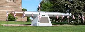 Memorial to World War II submarine USS Wahoo on front lawn of Saunders County Courthouse in Wahoo