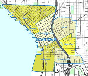 Downtown Seattle and Downtown Neighborhoods Highlighted in Yellow