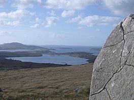 Standing Stone on Diamond Hill Walk, with view over Ballynakill Harbour - geograph.org.uk - 494220.jpg