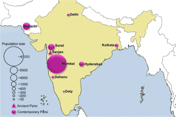 The geographical population distribution of modern and ancient Parsi