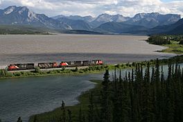Train passing Brûlé Lake Alberta.jpg