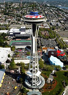 US Navy 030529-N-9500T-003 The top of Seattle's Space Needle, which has been painted in Red, White and Blue for Memorial Day
