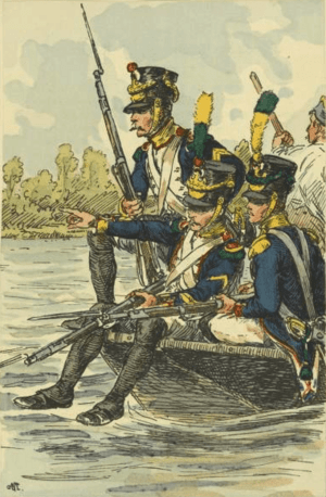 Voltigeurs of a French Line regiment crossing the Danube before the battle of Wagram