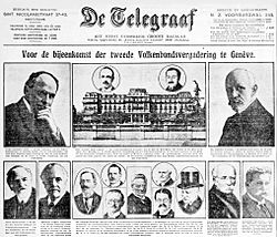 Voorpagina De Telegraaf over bijeenkomst tweede Volkenbondsvergadering te Geneve, 1921