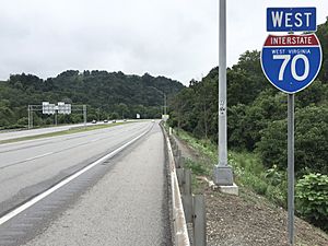 2017-07-23 11 55 02 View west along Interstate 70 just west of Exit 5 (Interstate 470 West, Columbus OH) in Wheeling, Ohio County, West Virginia
