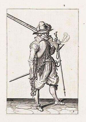 Aanwijzing 2 voor het hanteren van het musket - Marcheert ende draecht de furquet neffens de Musquet (Jacob de Gheyn, 1607)