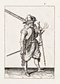 A pen and ink drawing of a soldier with a large musket over his shoulder. He wears elaborate 16th-century clothing including puffy knee breeches and a wide brimmed, tall hat with a plume.