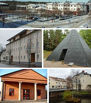 Top: the main square of Aneby. Mid-left: a recent architectural addition. Mid-right: burial site of Malte Liewen Stierngranat. Bottom left: the concert hall. Bottom right: the river of Svartån.