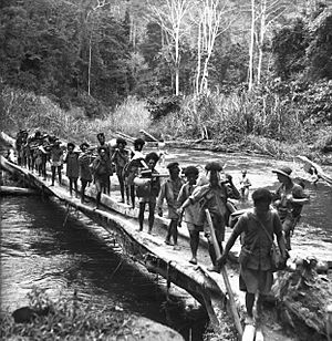 Australian soldiers and Papuan carriers crossing the Brown River in October 1942