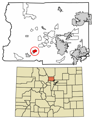 Location of the St. Ann Highlands CDP in Boulder County, Colorado.
