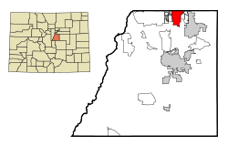 Location of the Meridian CDP in Douglas County, Colorado.