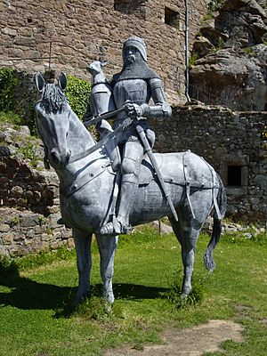 Equestrian statue of Sir Hugh Calveley at Mont Orgueil Castle, Jersey
